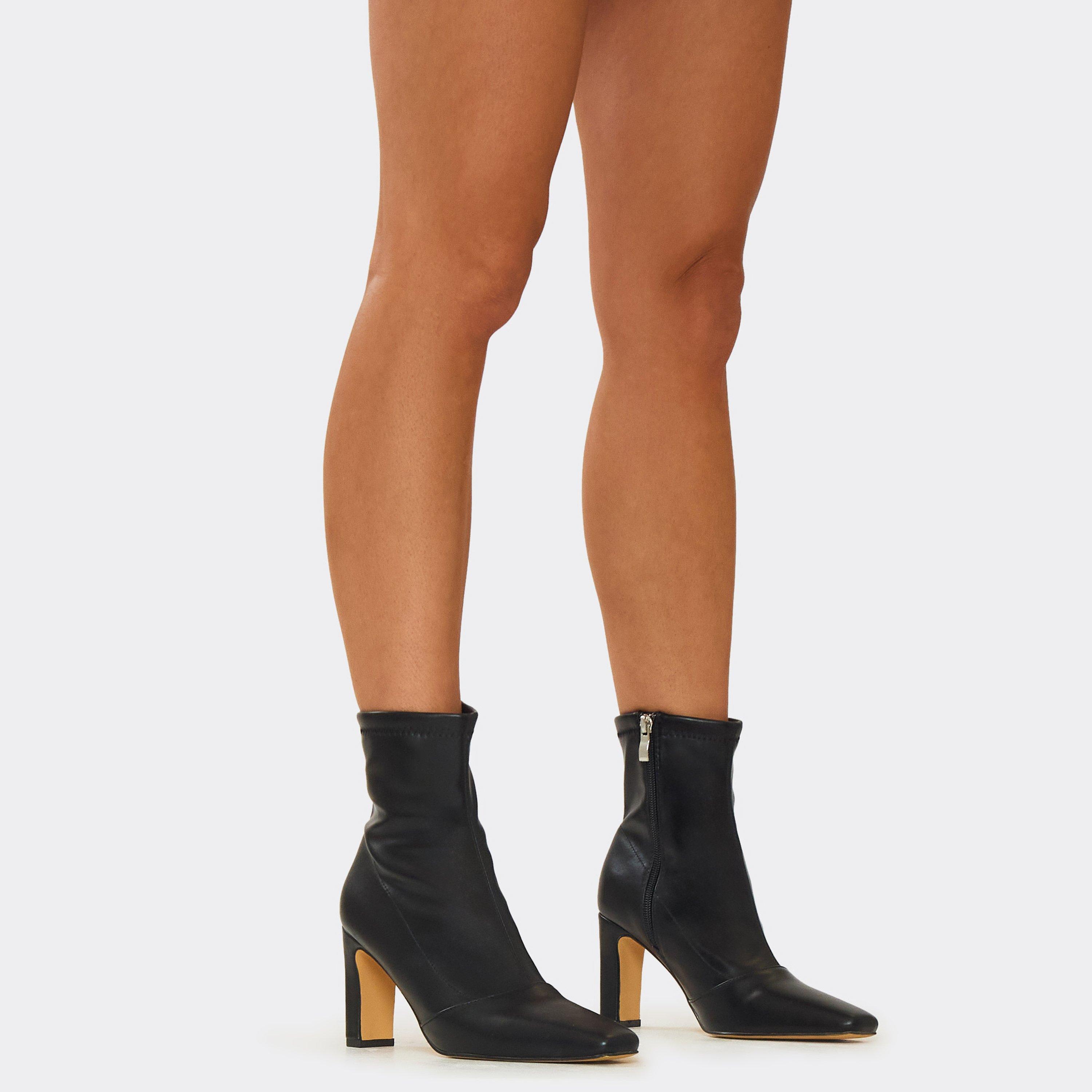 Ryan Pointed Toe Block Heel Ankle Sock Boot In Black Faux Leather, Women's Size UK 8