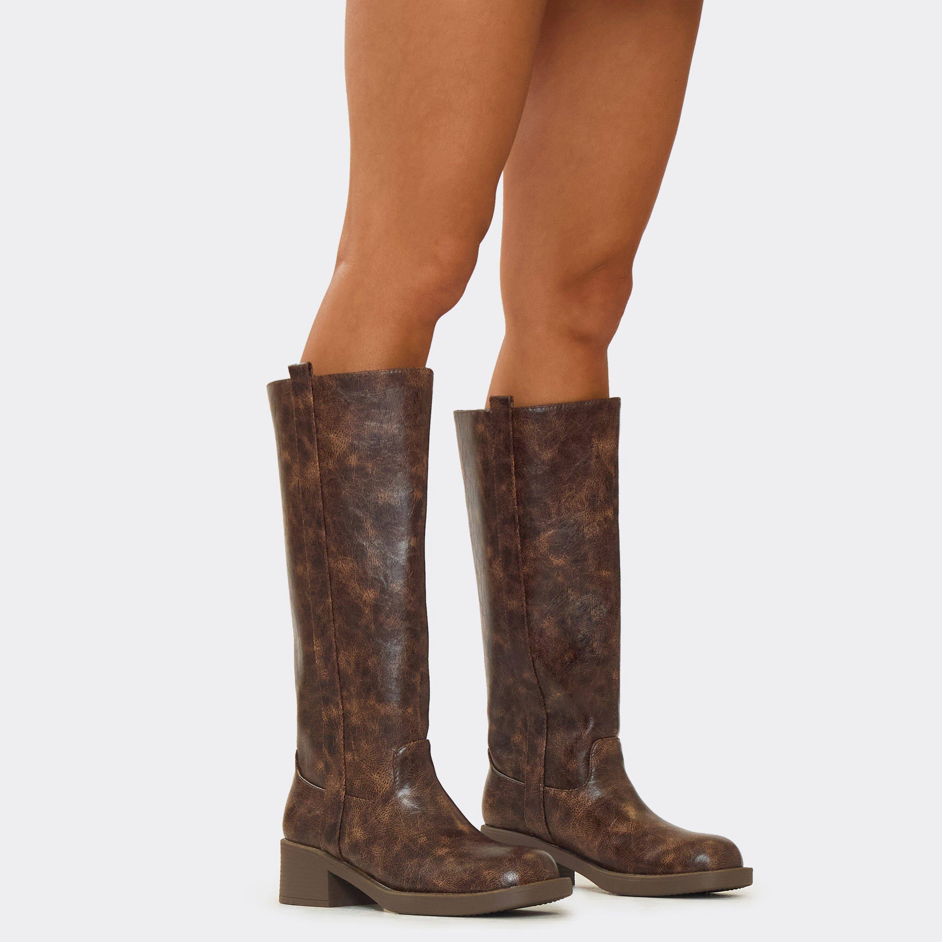 Mamma Knee High Long Biker Boot In Distressed Brown Faux Leather, Women’s