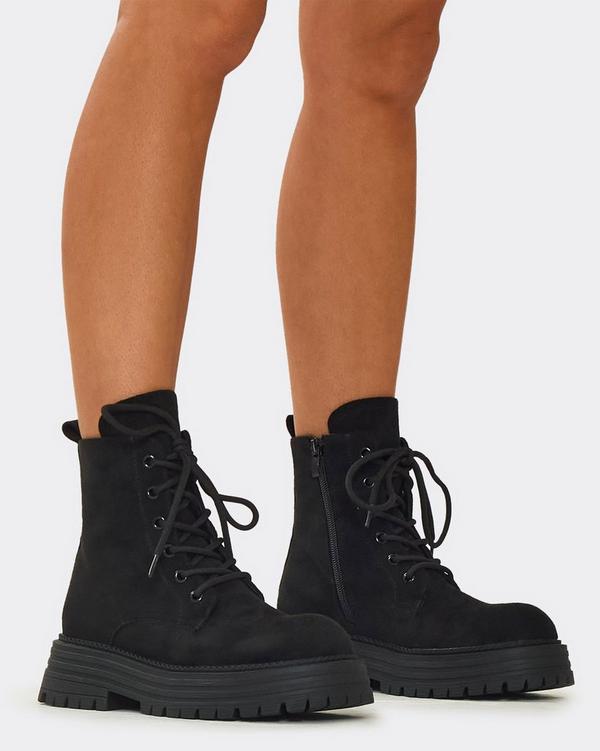Algot Lace Up Chunky Sole Ankle Biker Boot In Black Faux Suede