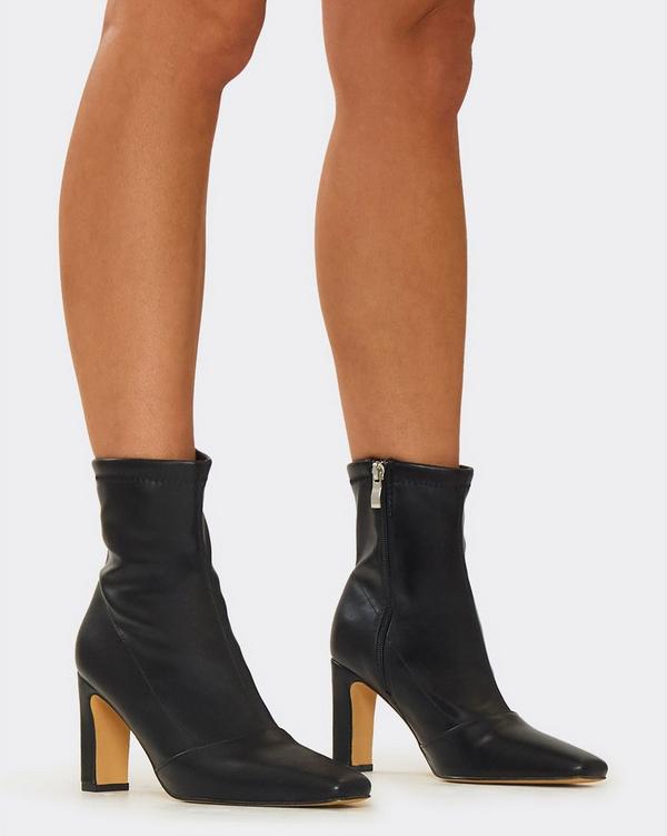 Square Toe Sock Boots Stiletto Heel Square Toe Black Faux Leather