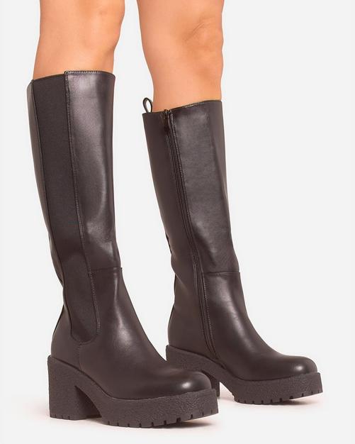 Caesar Chunky Block Heel Knee High Long Boot In Black Faux Leather EGO