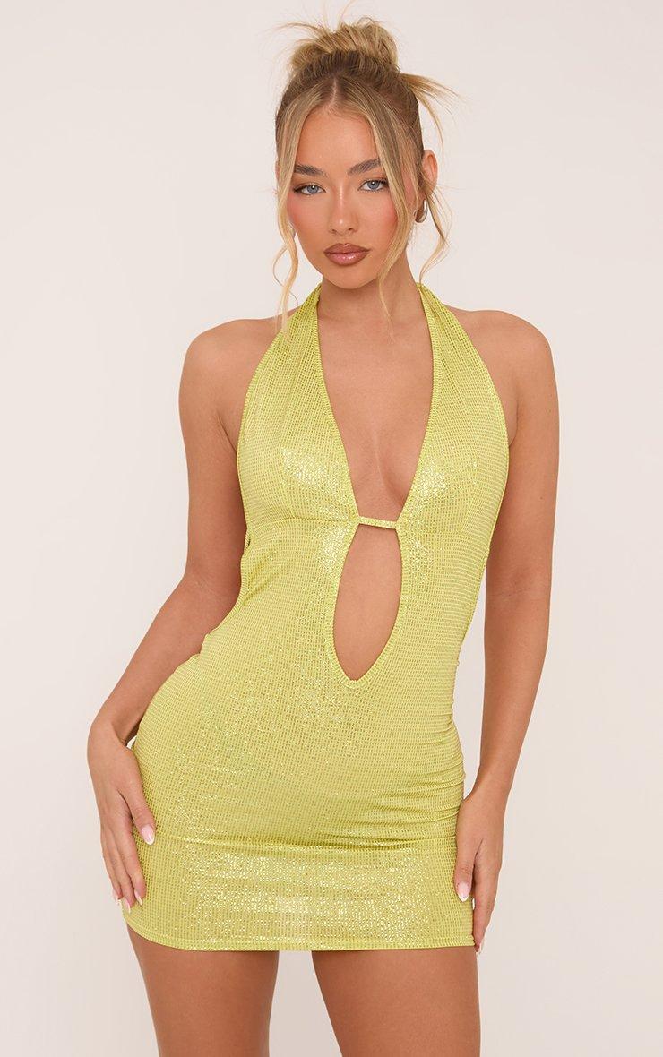 Plunge Neck Keyhole Cut Out Mini Bodycon Dress In Lime Green Glitter | EGO  US | EGO