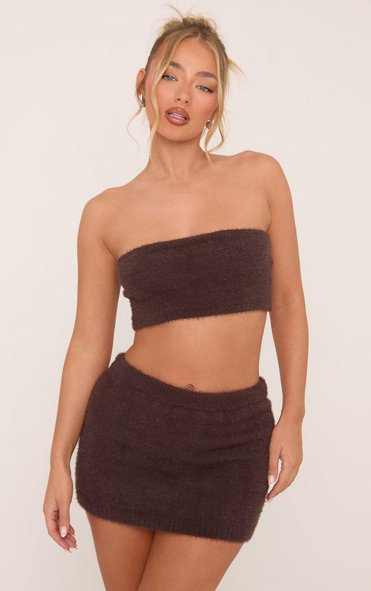 Bandeau Crop Top In Chocolate Brown Fluffy Knit | EGO US | EGO