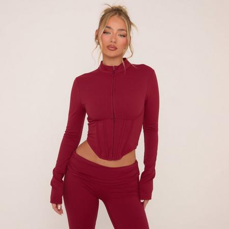 Corset Detail Zip Through Contour Stretch Jacket In Burgundy, Women's Size US