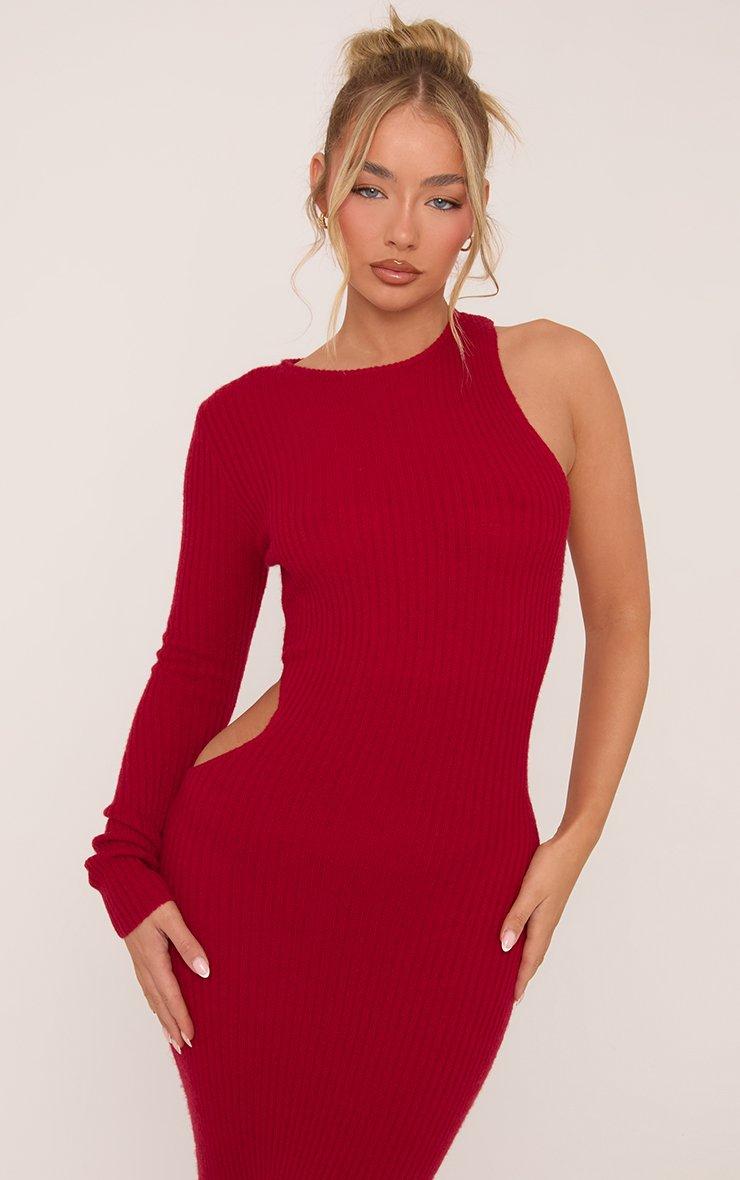 One Sleeve Maxi Dress In Red Fluffy Knit | EGO EU | EGO