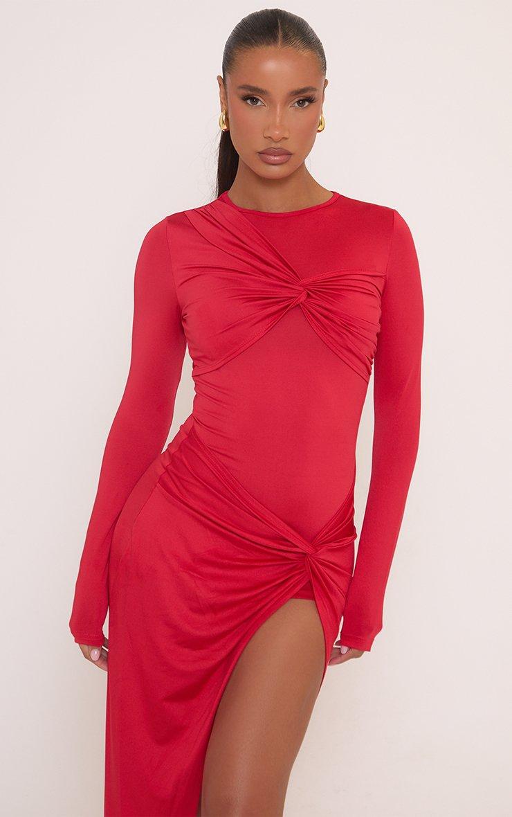 Long Sleeve Twisted Panel Detail Side Split Maxi Dress In Red | EGO US | EGO