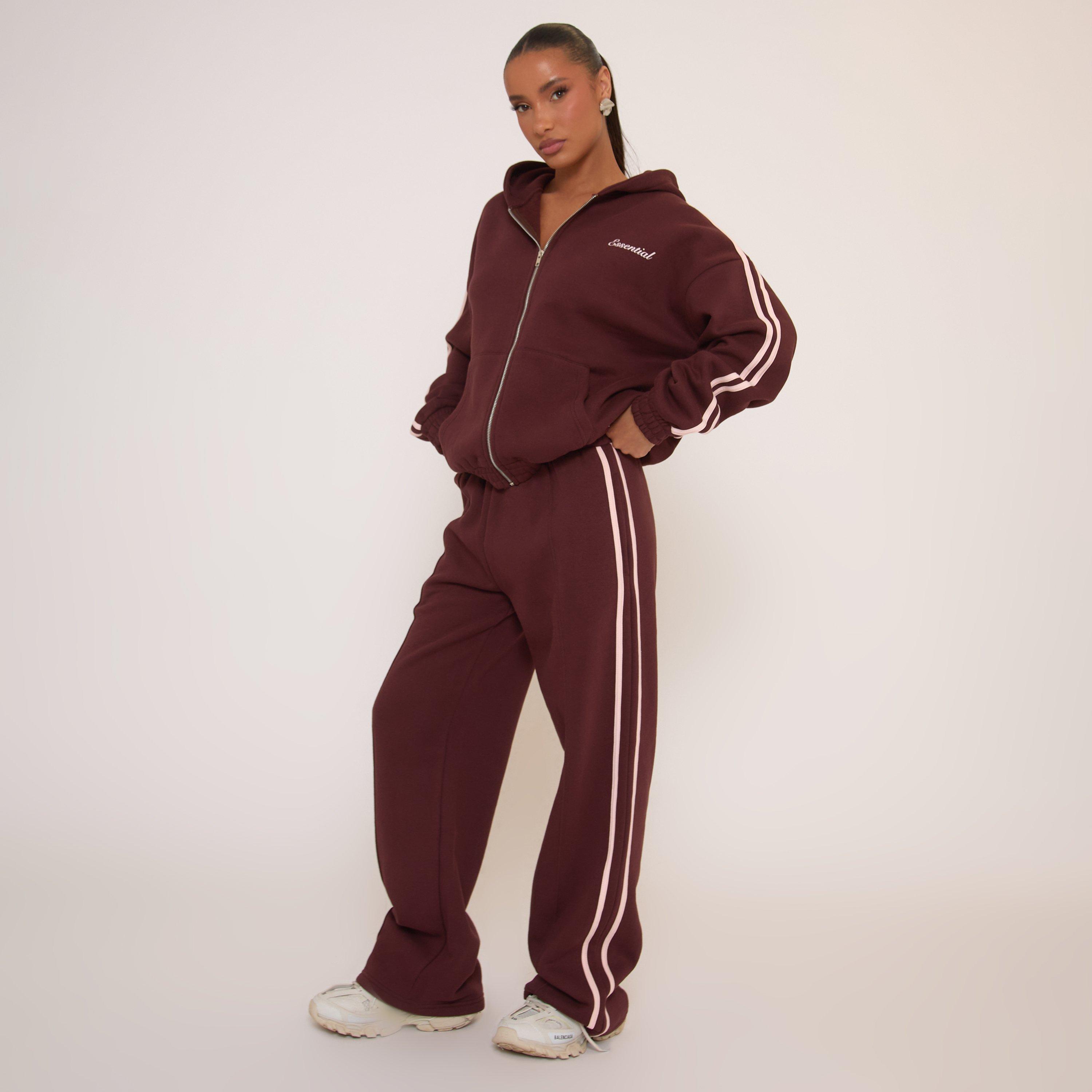 Oversized Mid Rise Contrast Stripe Wide Leg Joggers In Brown, Women’s