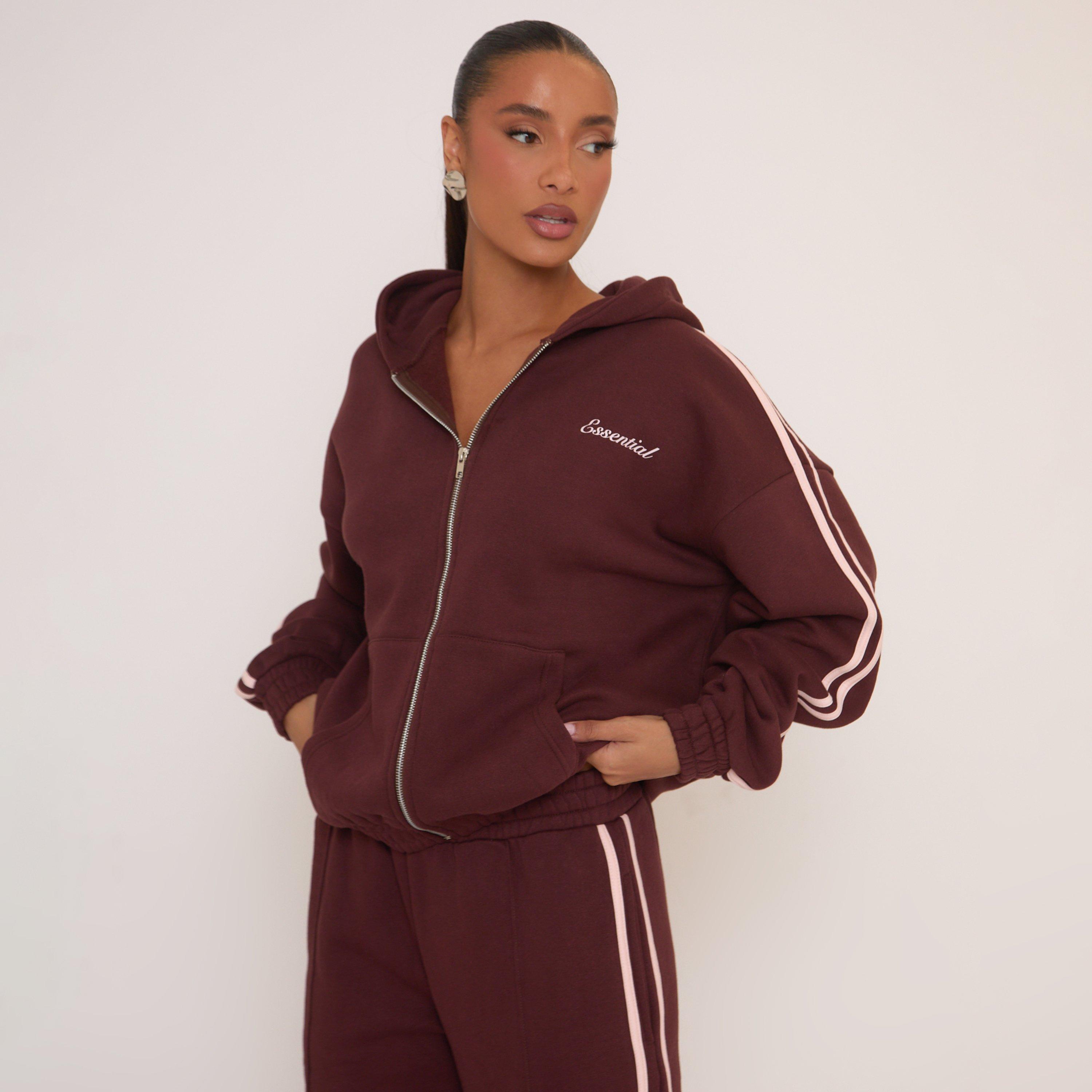 Oversized Contrast Stripe Side Essential Graphic Zip Up Hoodie In Brown, Women’s