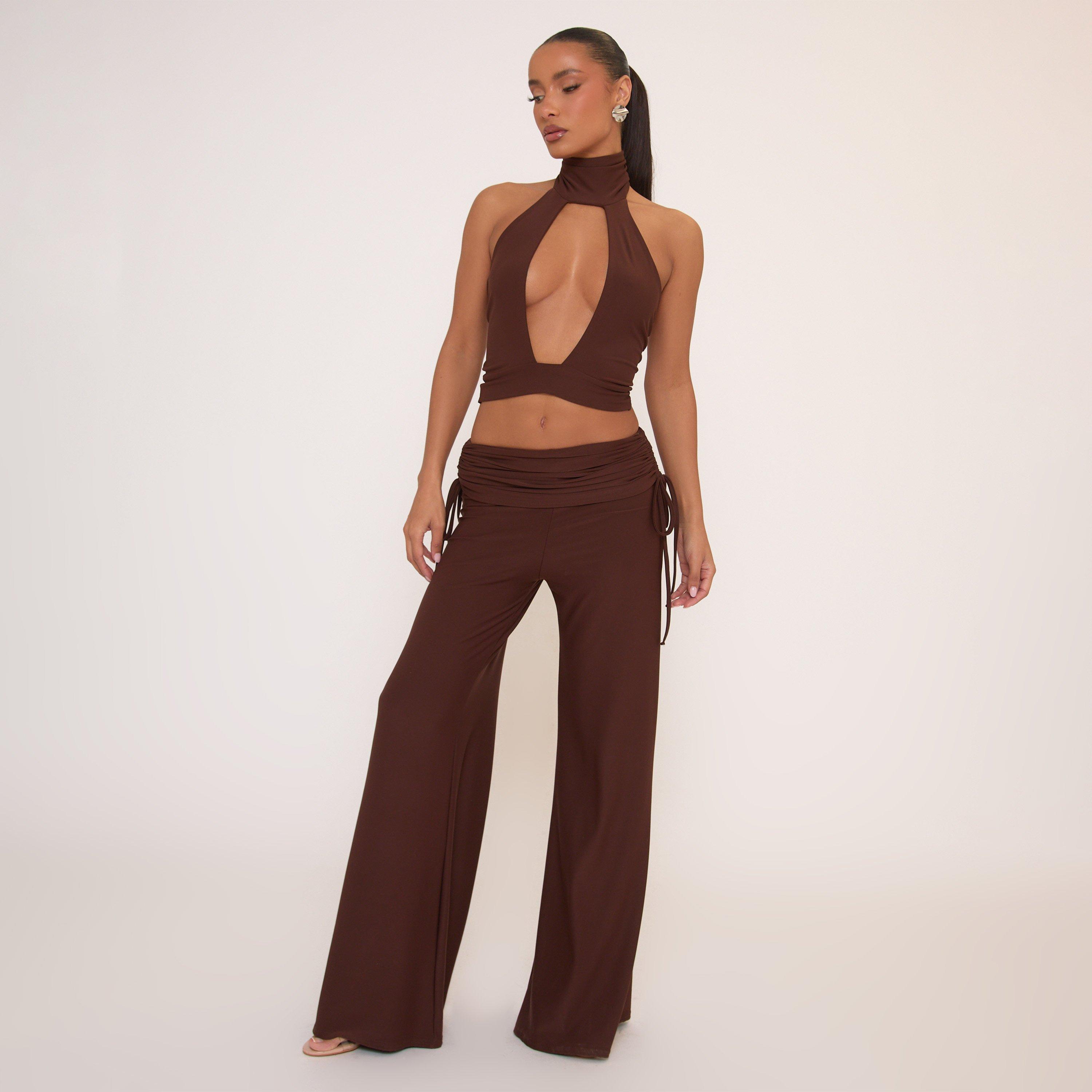 Image of Mid Rise Foldover Waist Extreme Wide Leg Trousers In Brown, Women's