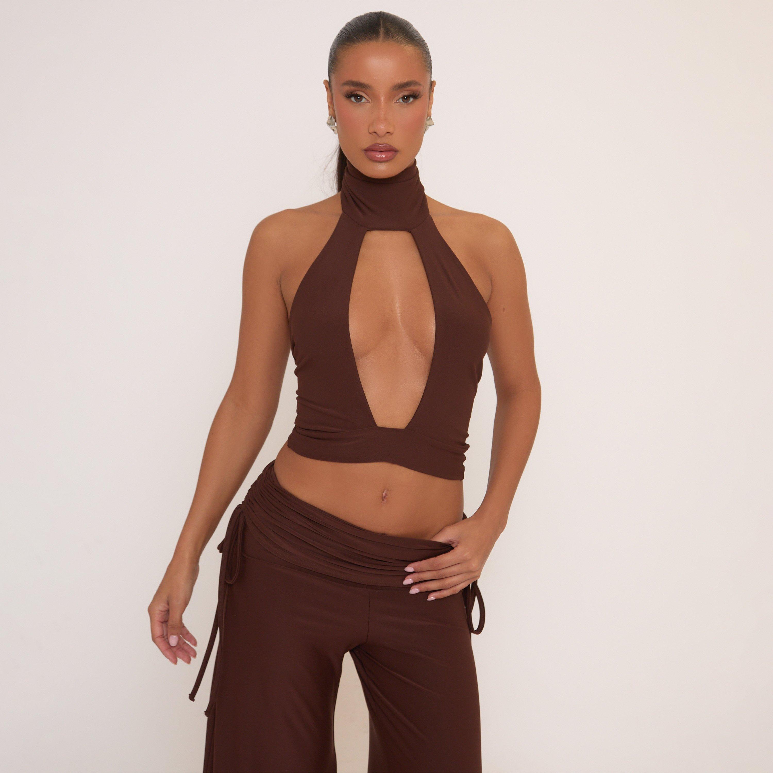 Image of High Neck Cut Out Front Top In Brown, Women's