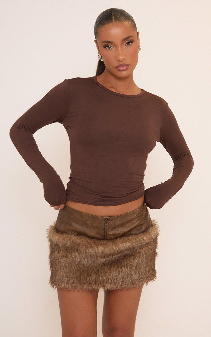 Mid Rise Zip Up Front Mini Skirt In Brown Faux Fur | EGO UK | EGO