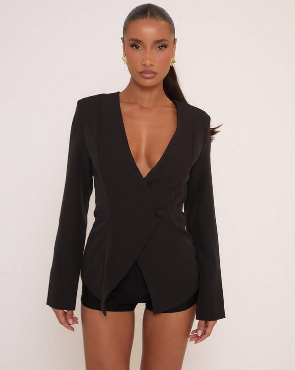 Long Sleeve V Neck Collarless Cinched Waist Blazer In Black