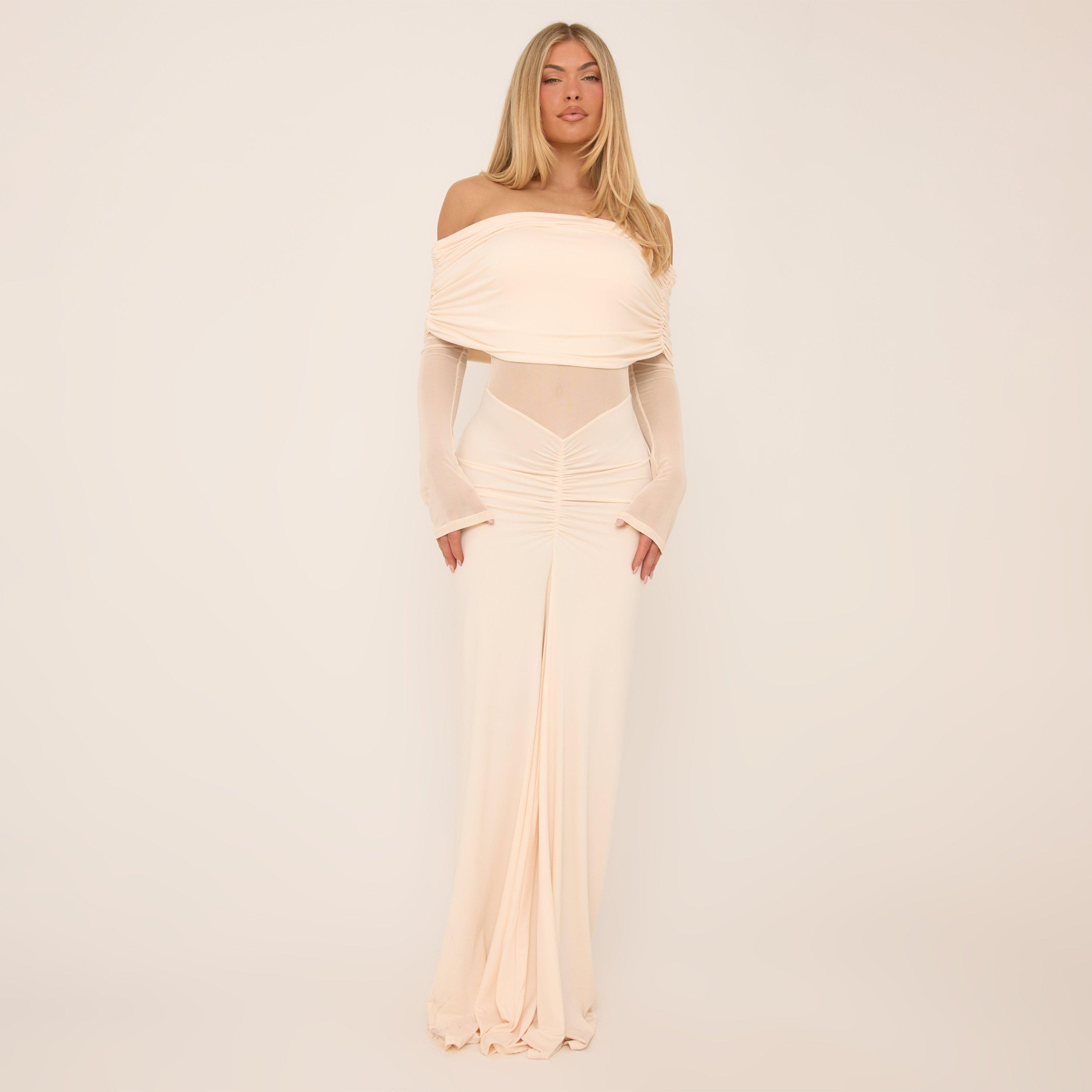 Fold Over Bardot Mesh Panel Maxi Dress In Cream Slinky, Women’s