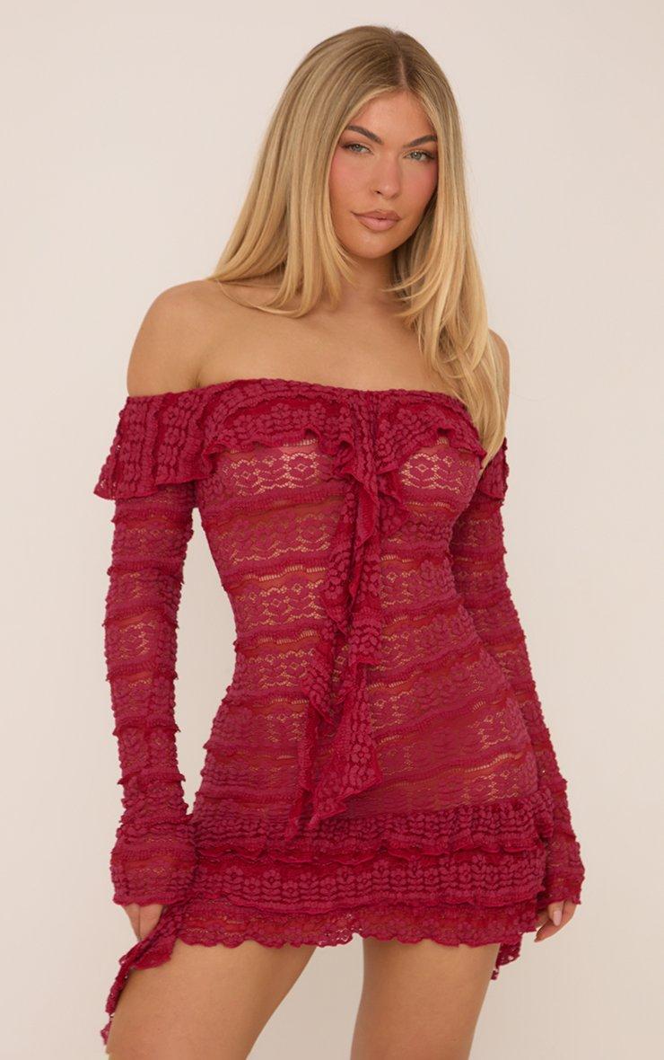 knee length dresses for ladies Maranda Bardot Lace-Up Bust Dress Dainty Floral Red Selfie Leslie