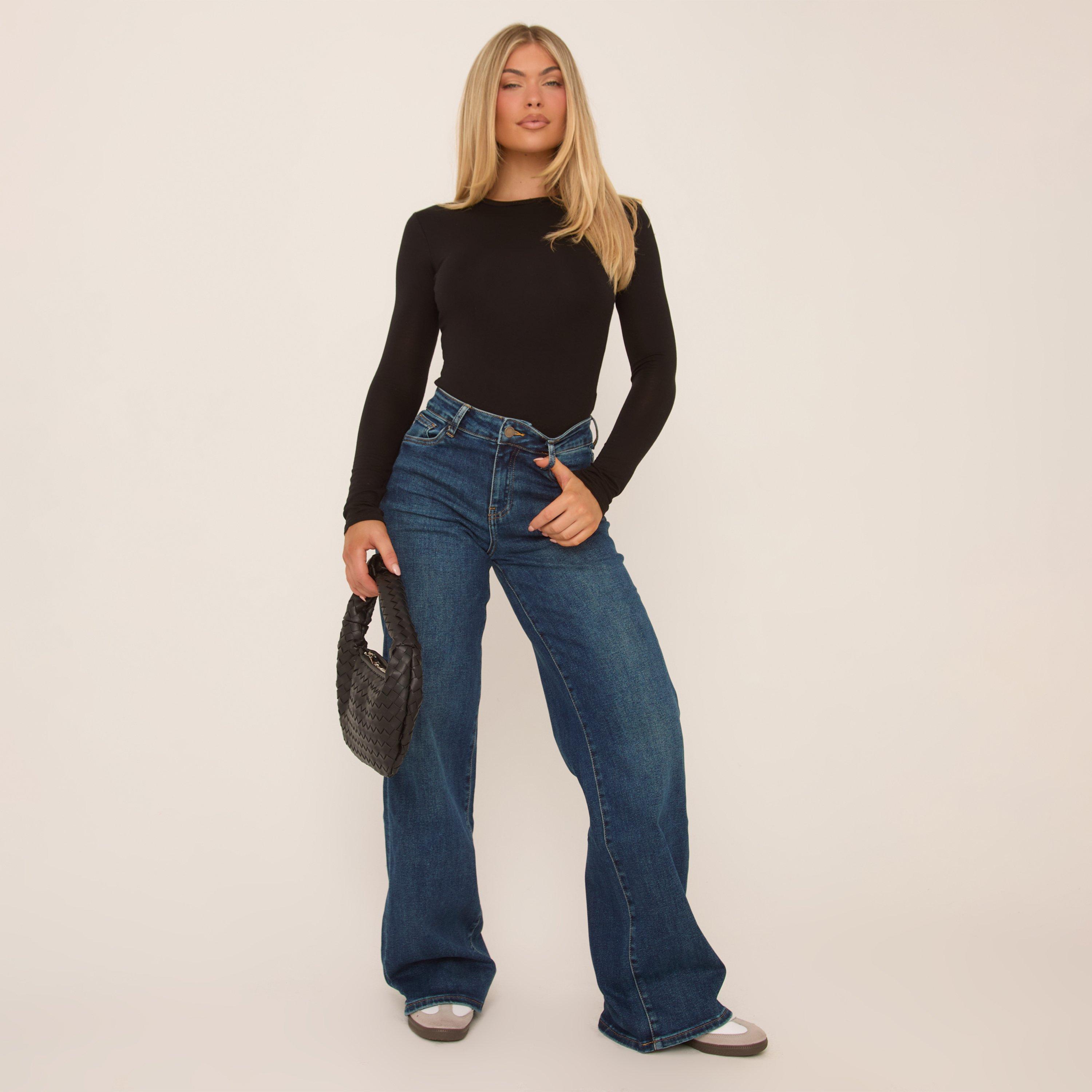 High Waist Wide Leg Stretchy Jeans In Dark Blue Denim, Women's Size UK 6
