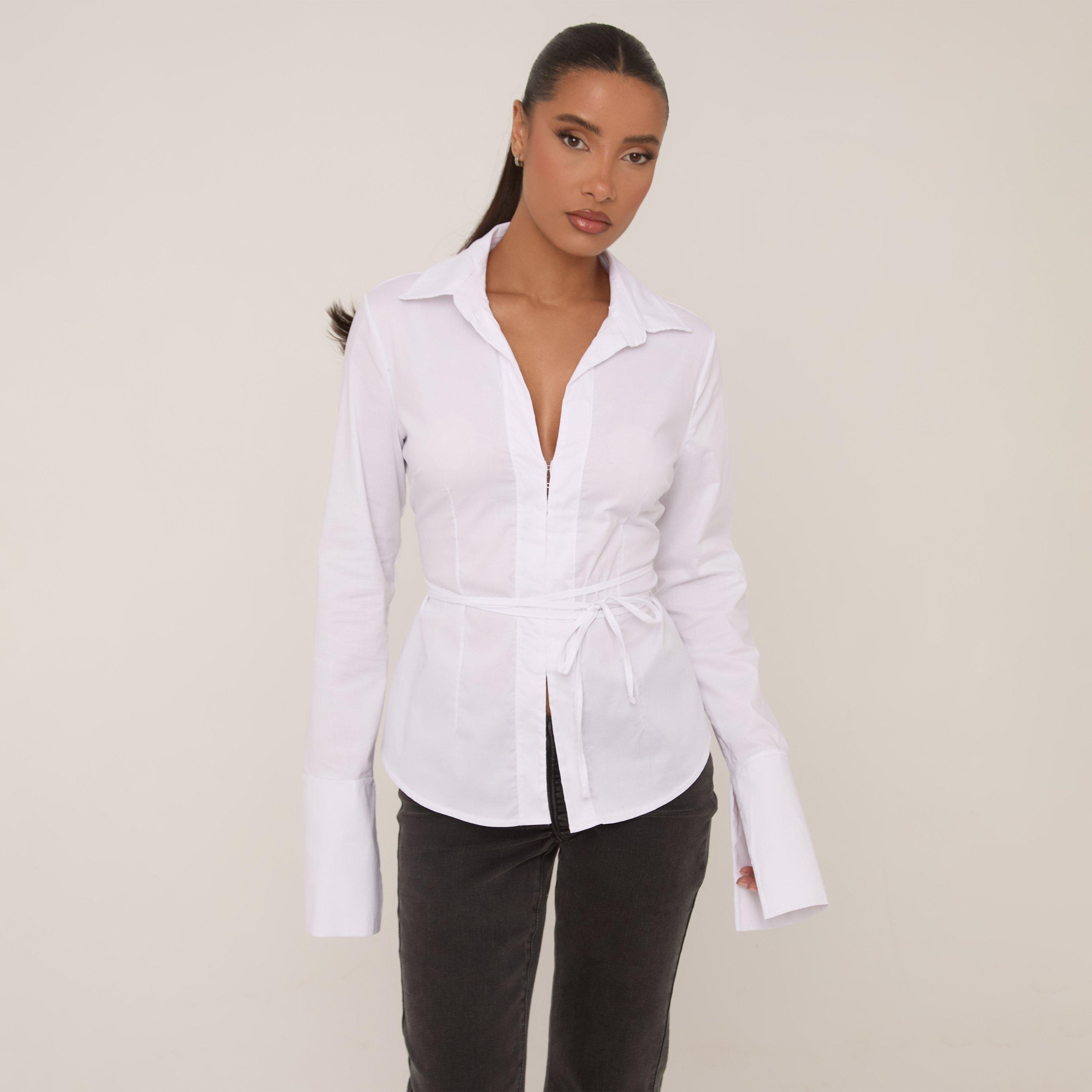Long Sleeve Hook And Eye Tie Detail Shirt In White, Women's Size UK 10