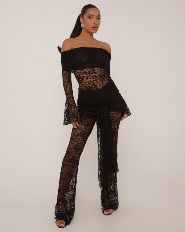 Bardot Long Sleeve Wrap Detail Straight Leg Jumpsuit In Black Lace
