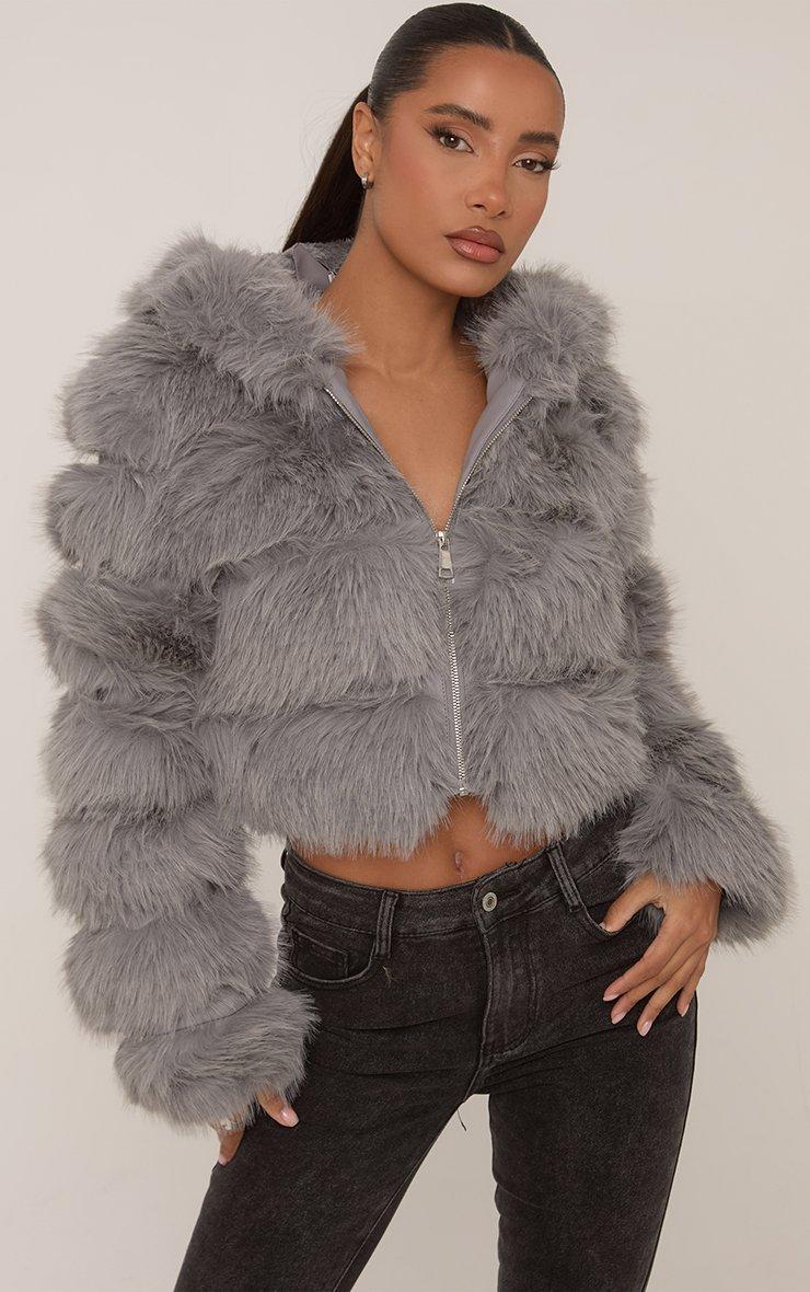 Hooded Cropped Puffer Coat In Charcoal Grey Faux Fur | EGO AE | EGO