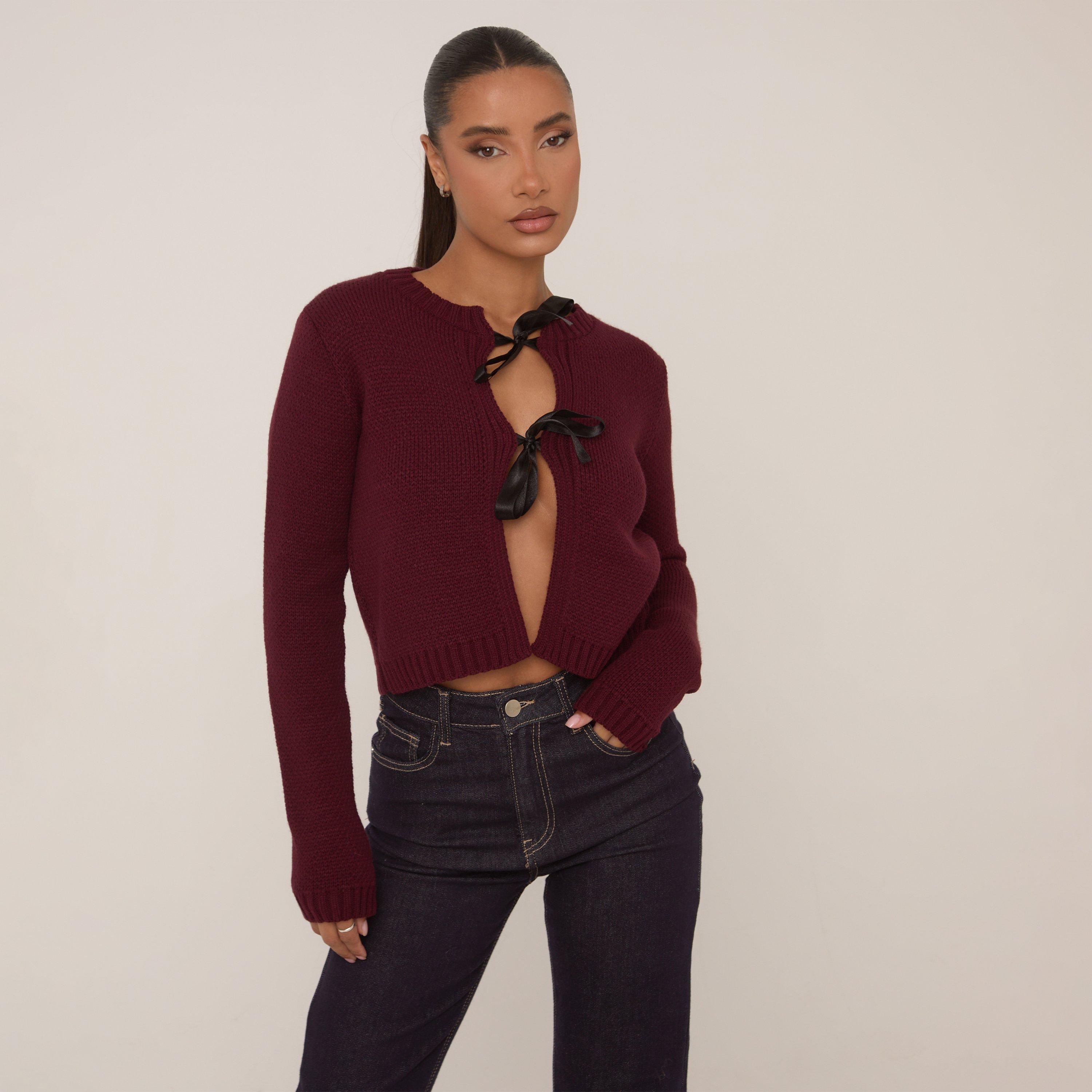 Bow Tie Front Detail Cropped Cardigan In Burgundy Knit, Women's Size UK L