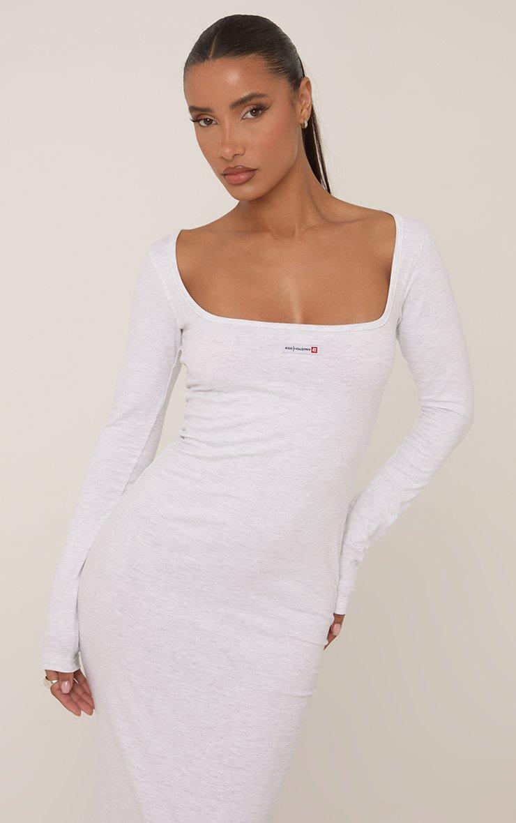 Long Sleeve Scoop Neck 'Ego' Tag Maxi Dress In Grey Marl Jersey | EGO EU |  EGO