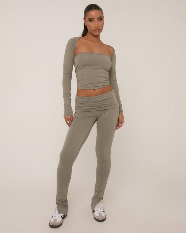 Fold Over Waistband Split Hem Leggings In Khaki