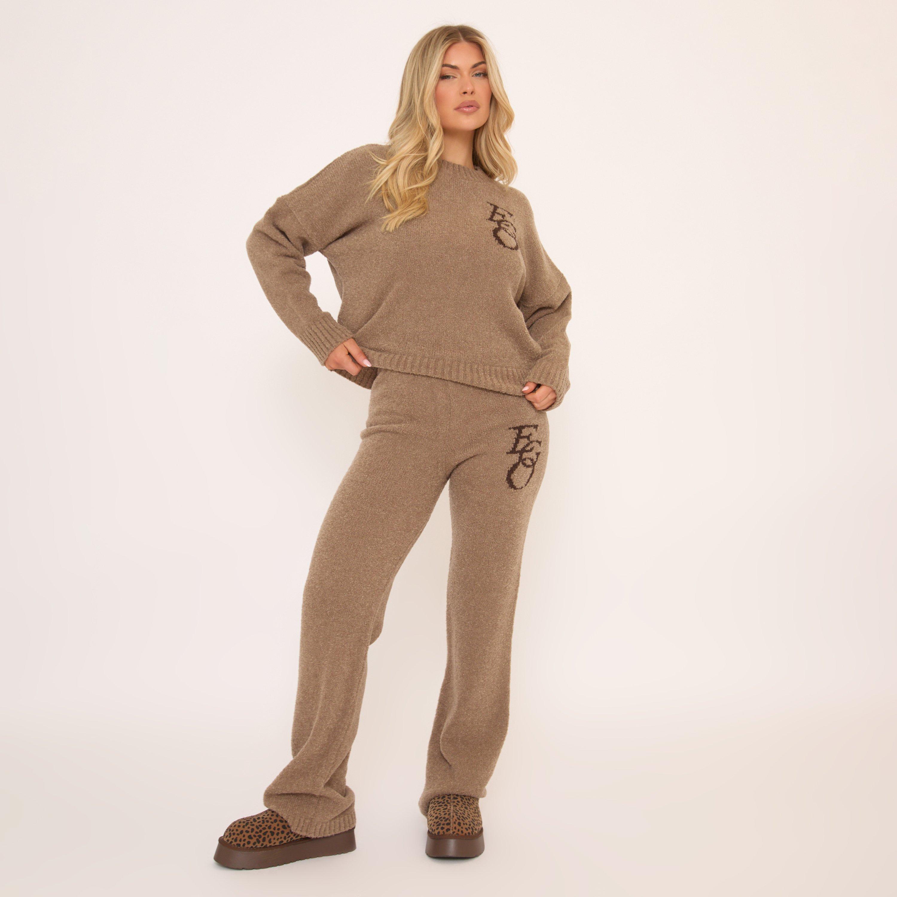 Mid Waist Ego Graphic Straight Leg Trousers In Mocha Knit, Women's Size UK M