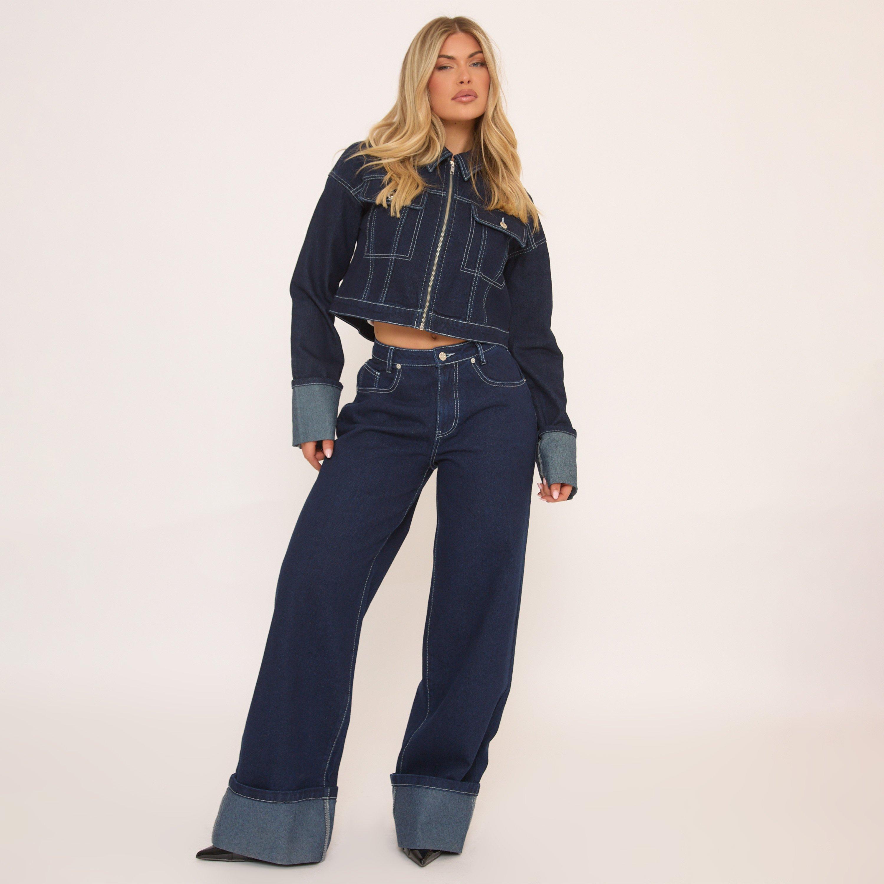 Mid Rise Turn Up Hem Wide Leg Jeans In Dark Blue Denim, Women’s