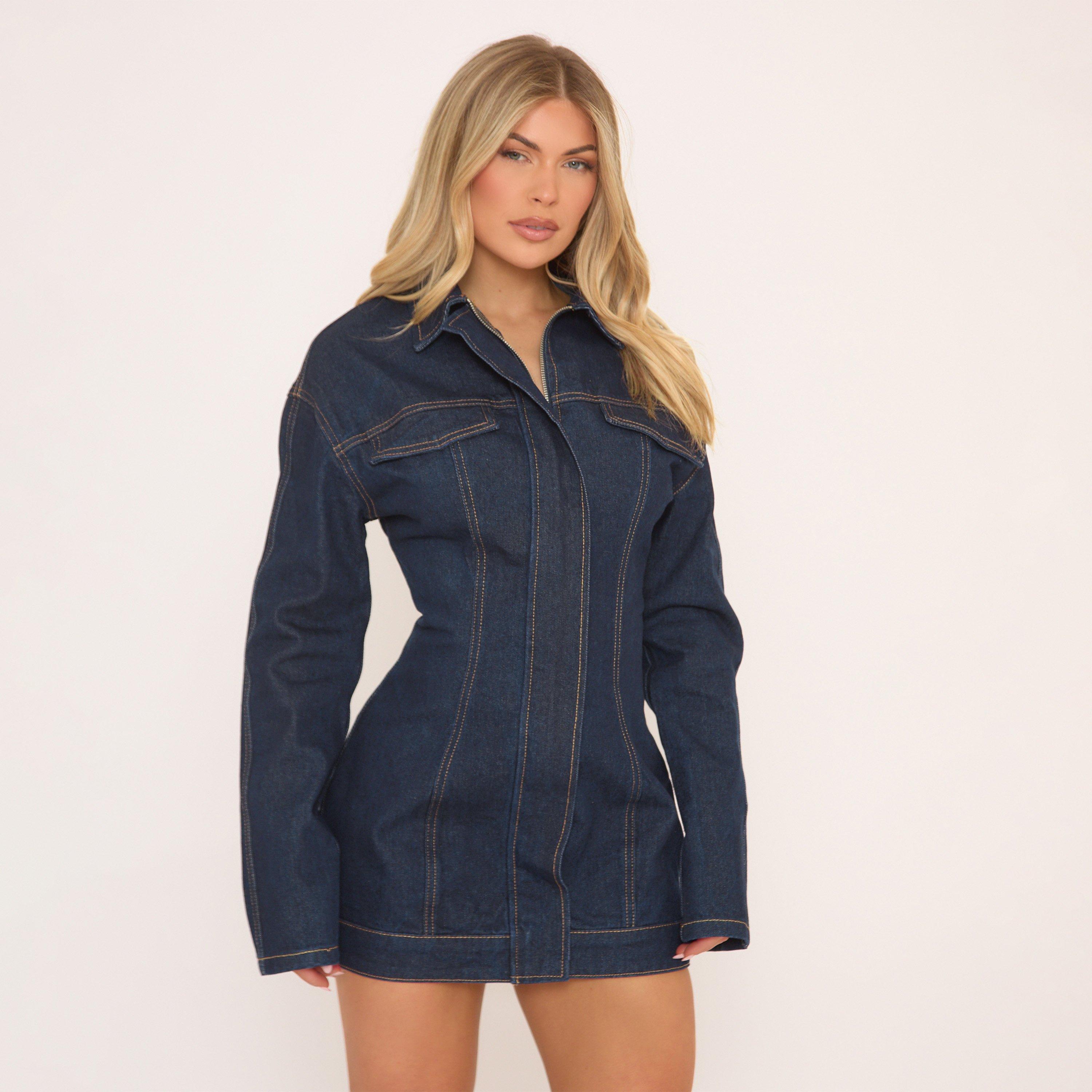 Long Sleeve Cinch Waist Mini Dress In Dark Blue Denim, Women’s