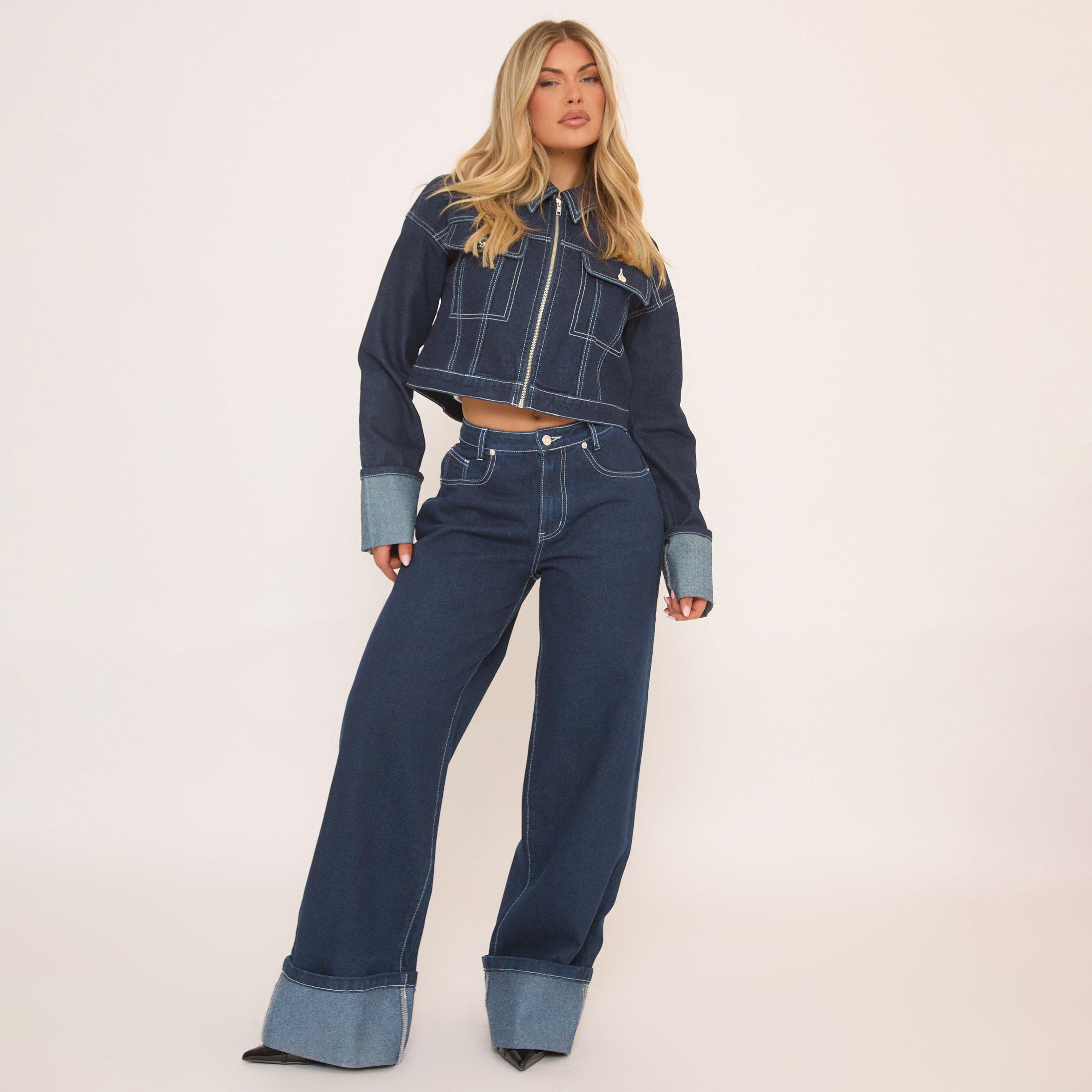 Image of Mid Rise Turn Up Hem Wide Leg Jeans In Dark Indigo Denim, Women's