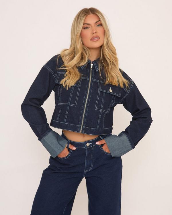 Long Cuffed Sleeve Zip Up Front Cropped Jacket In Blue Denim