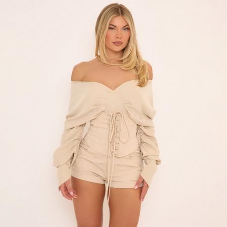 Long Ruched Sleeve Off The Shoulder Lace Up Corset Top In Stone Woven, Women's Size US