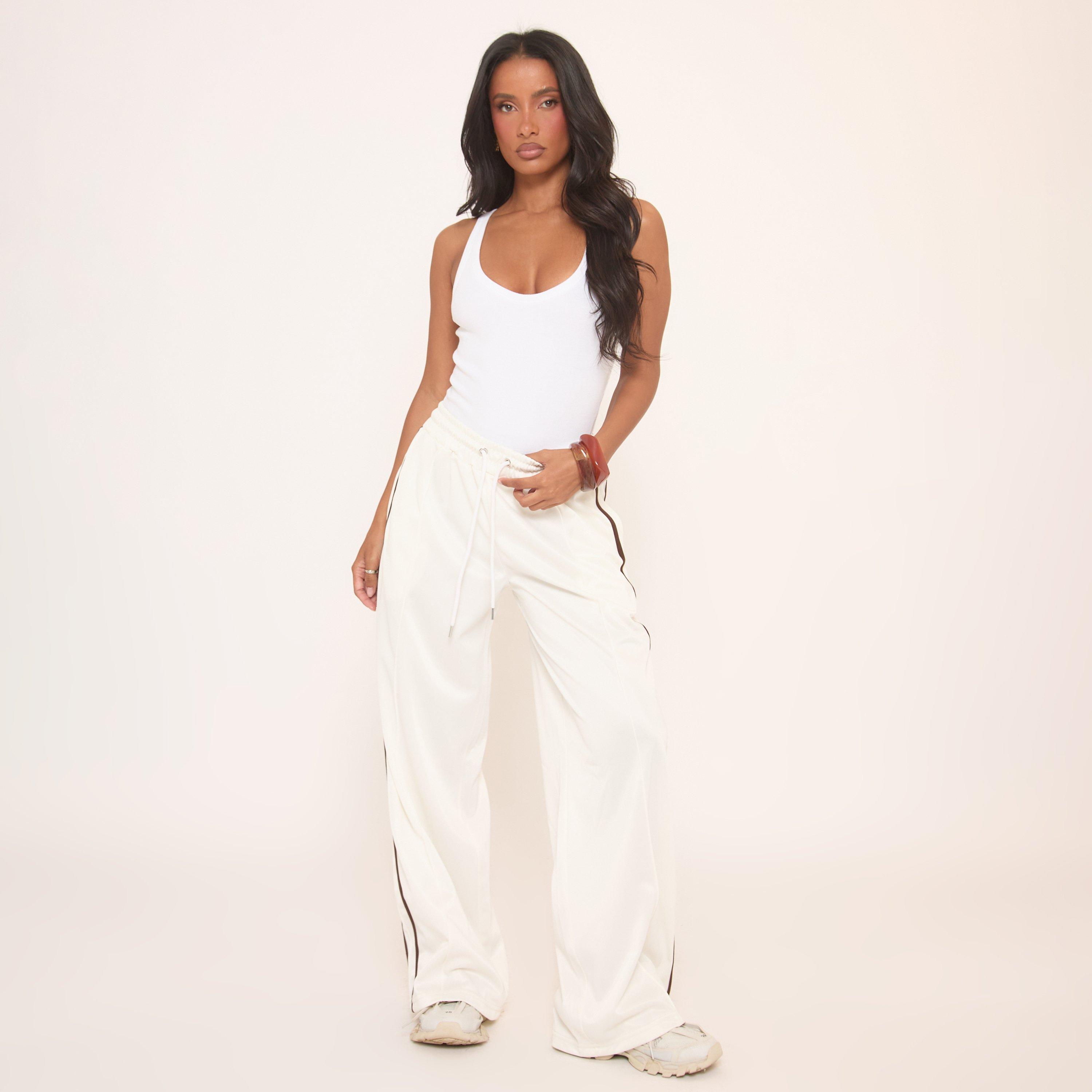 Mid Rise Tie Waist Detail Contrast Side Stripe Joggers In Cream, Women’s