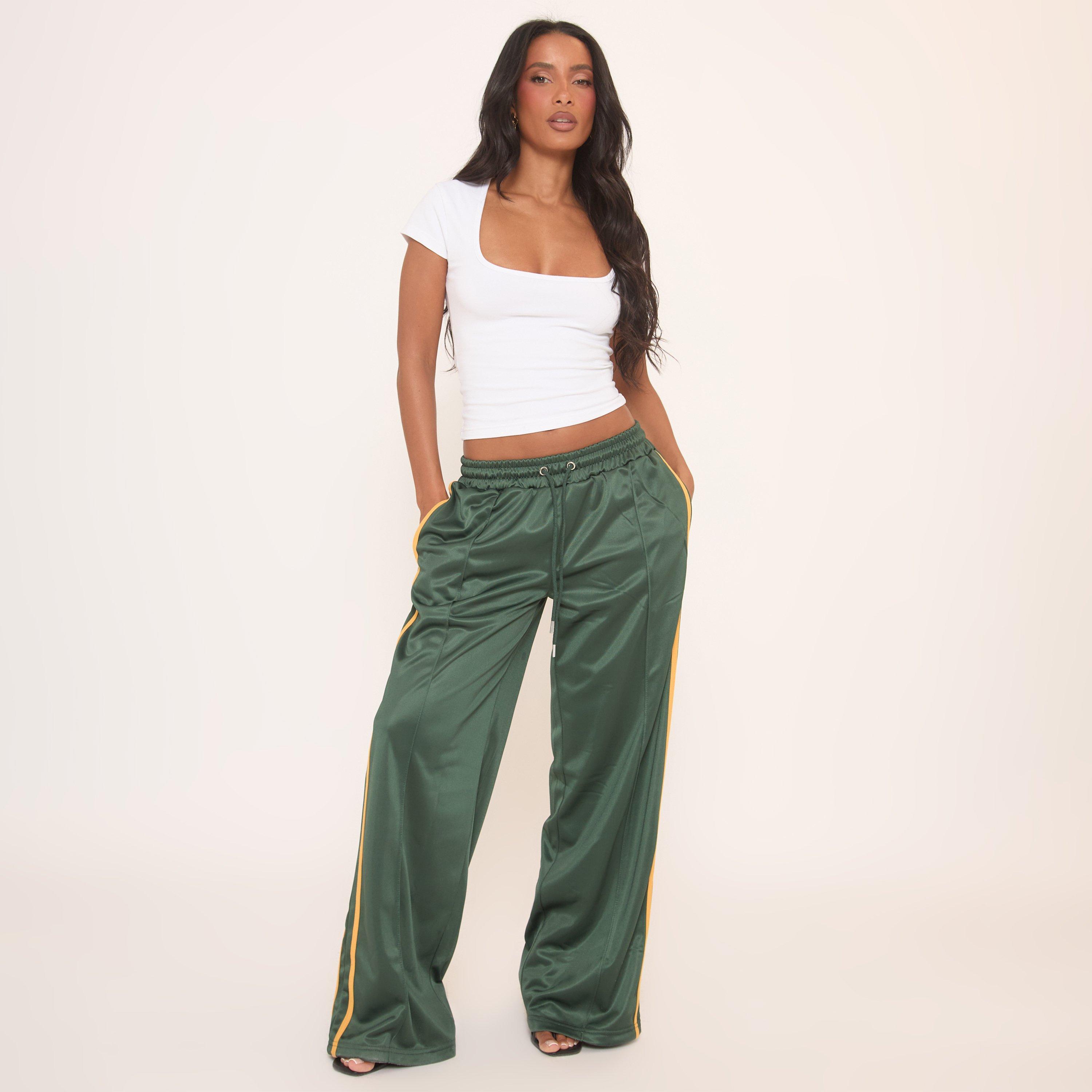 Mid Rise Tie Waist Detail Contrast Side Stripe Joggers In Green, Women’s