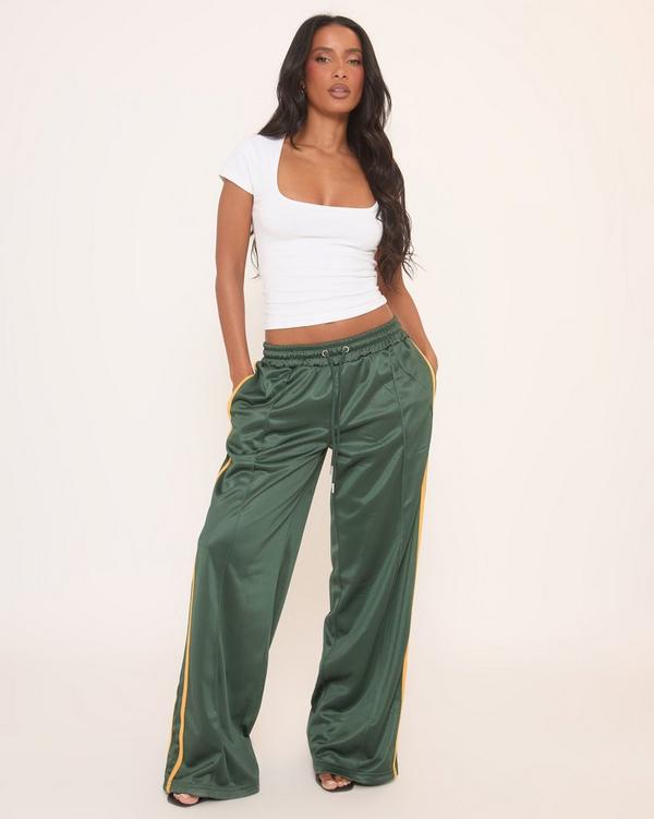 Mid Rise Tie Waist Detail Contrast Side Stripe Joggers In Green