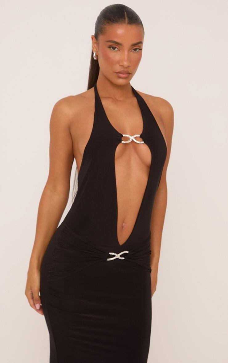 Plunge Neck Ring Detail Asymmetric Maxi Dress In Black Slinky | EGO US | EGO