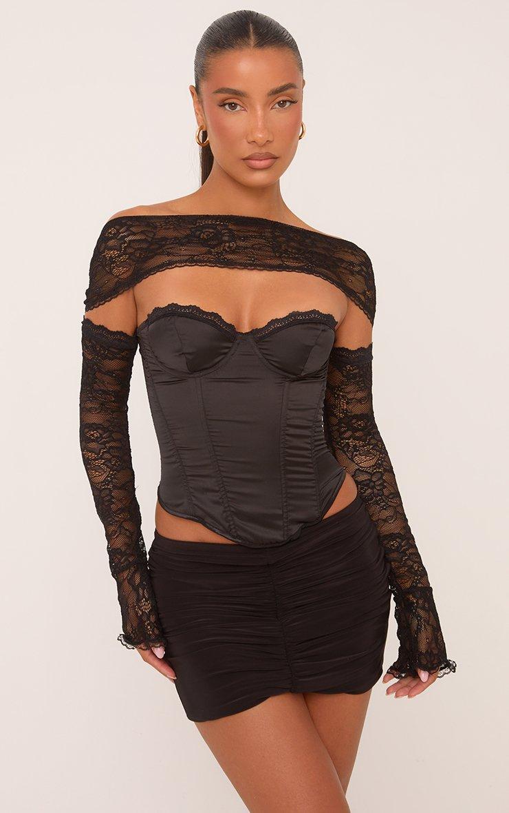 Bandeau Structured Corset Top With Lace Sleeves In Black Satin | EGO US |  EGO