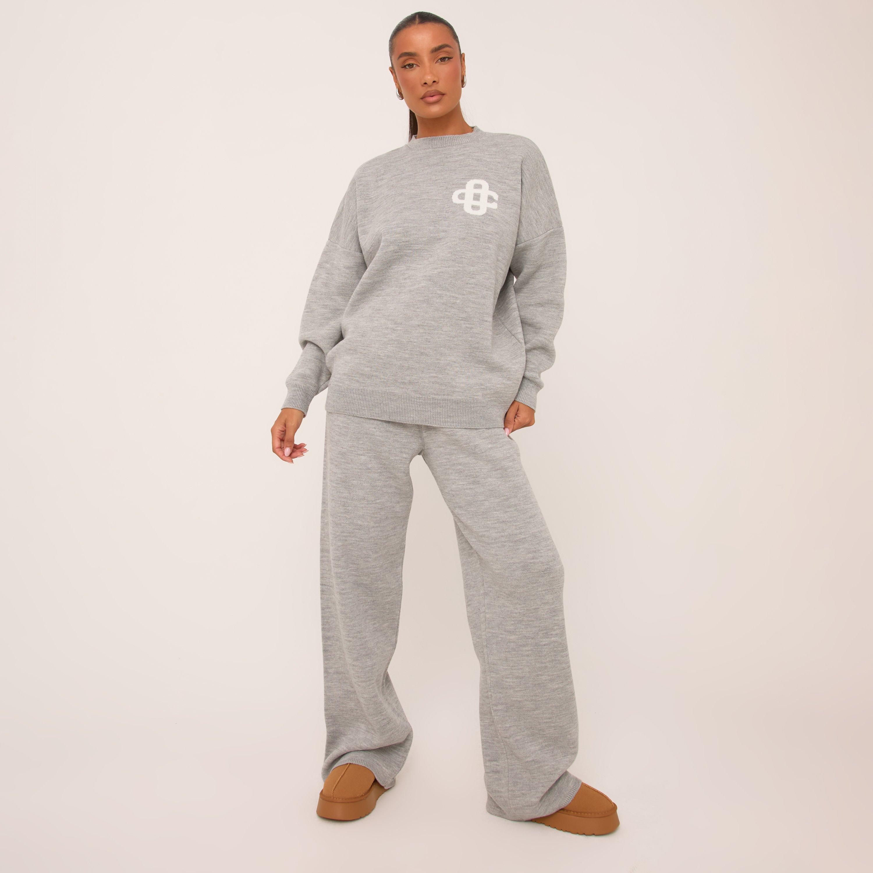 High Waist Contrast Swirl Detail Wide Leg Joggers In Grey Marl Knit, Women’s