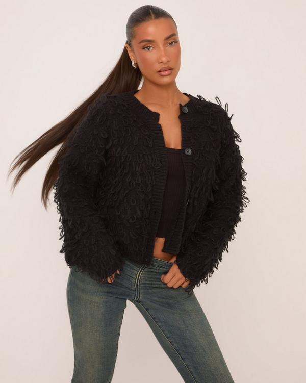 Cropped Cardigan In Black Textured Knit