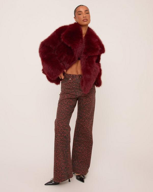 Mid Rise Straight Leg Jeans In Red Leopard Print Denim