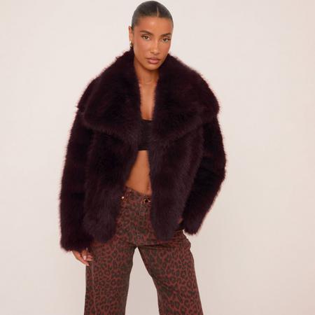 Oversized Collar Coat In Burgundy Red Faux Fur, Women's Size US M/L