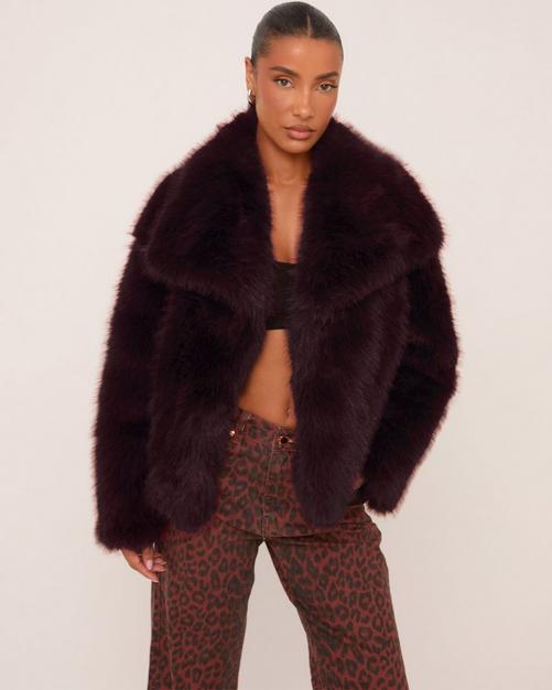 Oversized Collar Detail Jacket In Chocolate Brown Faux Fur | EGO