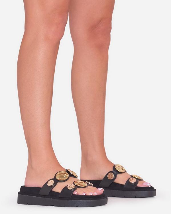Bethan Double Strap Stud Detail Flat Slider Sandal In Black Faux Leather