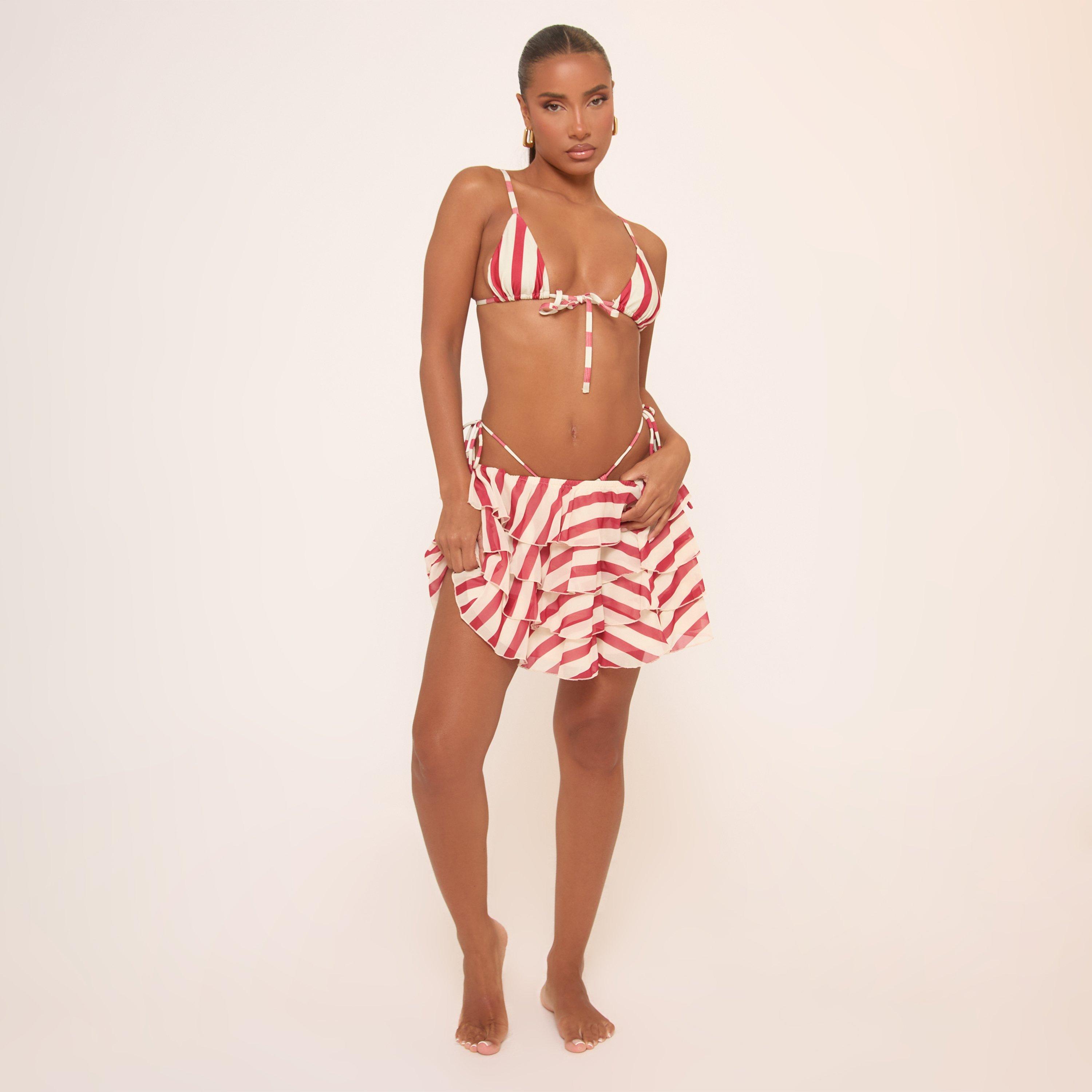 Low Waist Tiered Rara Skirt In Red Stripe, Women's Size UK 6
