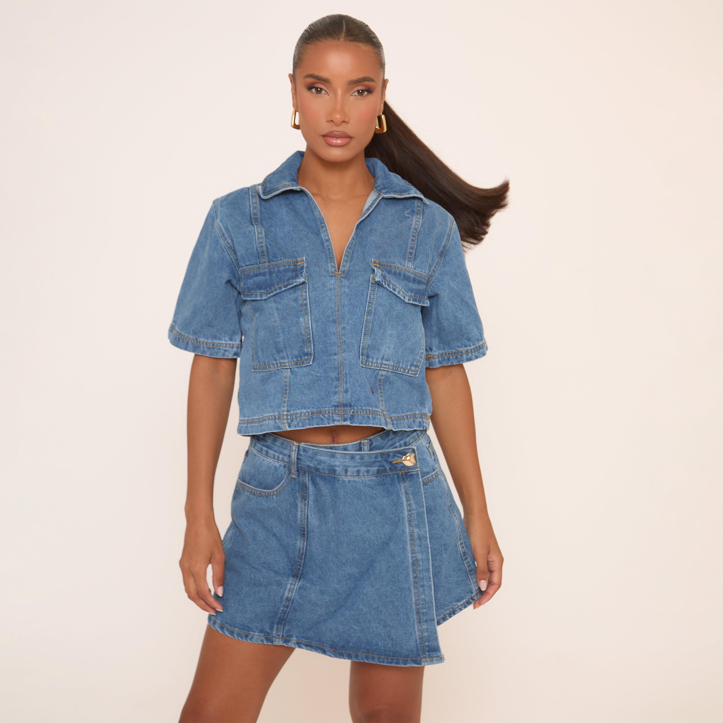 Image of Short Sleeve Pocket Detail Boxy Cropped Top In Blue Denim, Women's