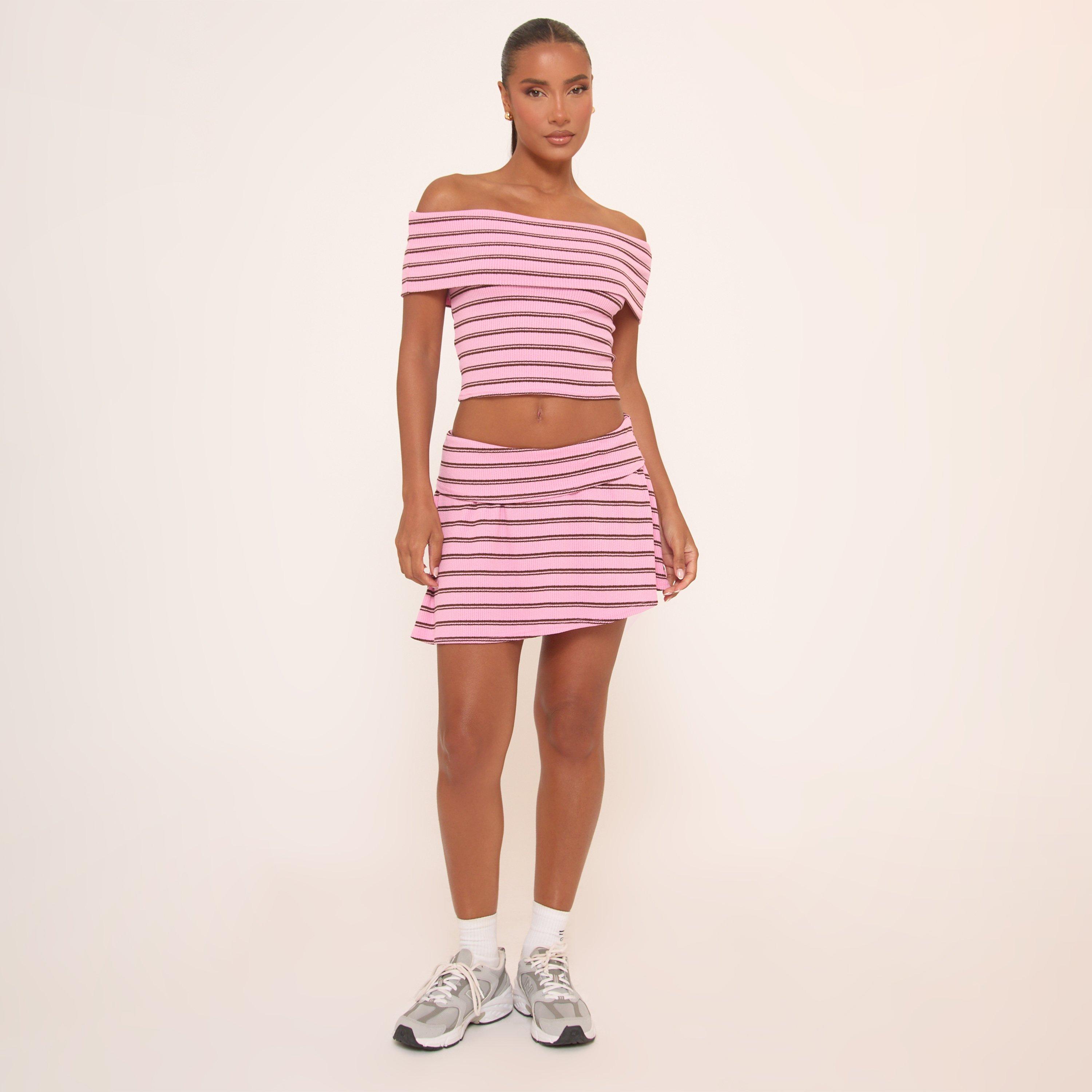 Low Rise Fold Over Mini Skirt In Pink And Brown Stripe, Women's Size UK 6