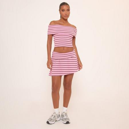 Low Rise Fold Over Mini Skirt In Pink And Brown Stripe, Women's Size US
