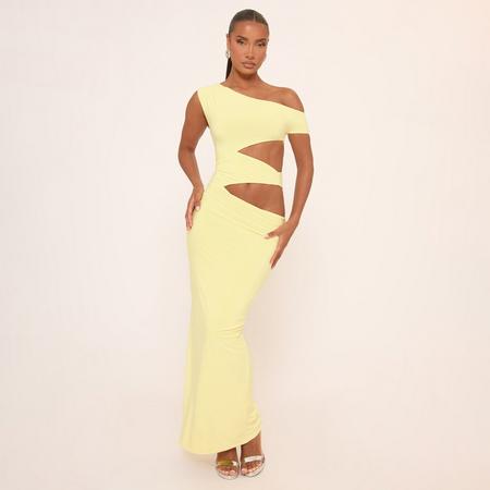 Asymmetric One Shoulder Cut Out Maxi Dress In Yellow Slinky, Women's Size US