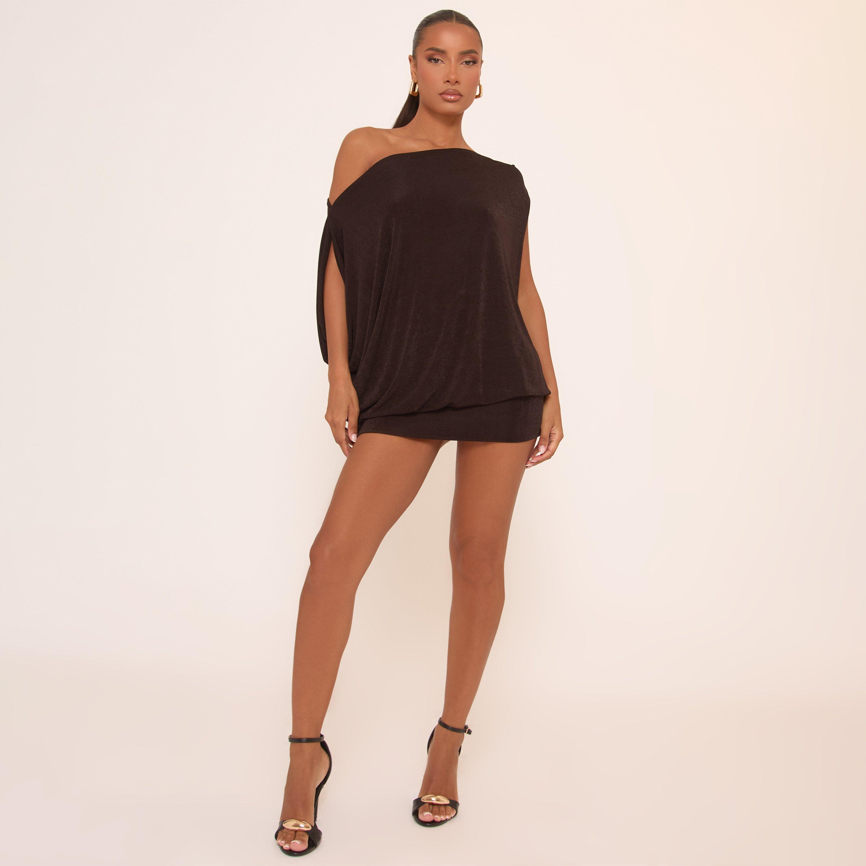 Off The Shoulder Draped Asymmetric Mini Dress In Brown, Women’s