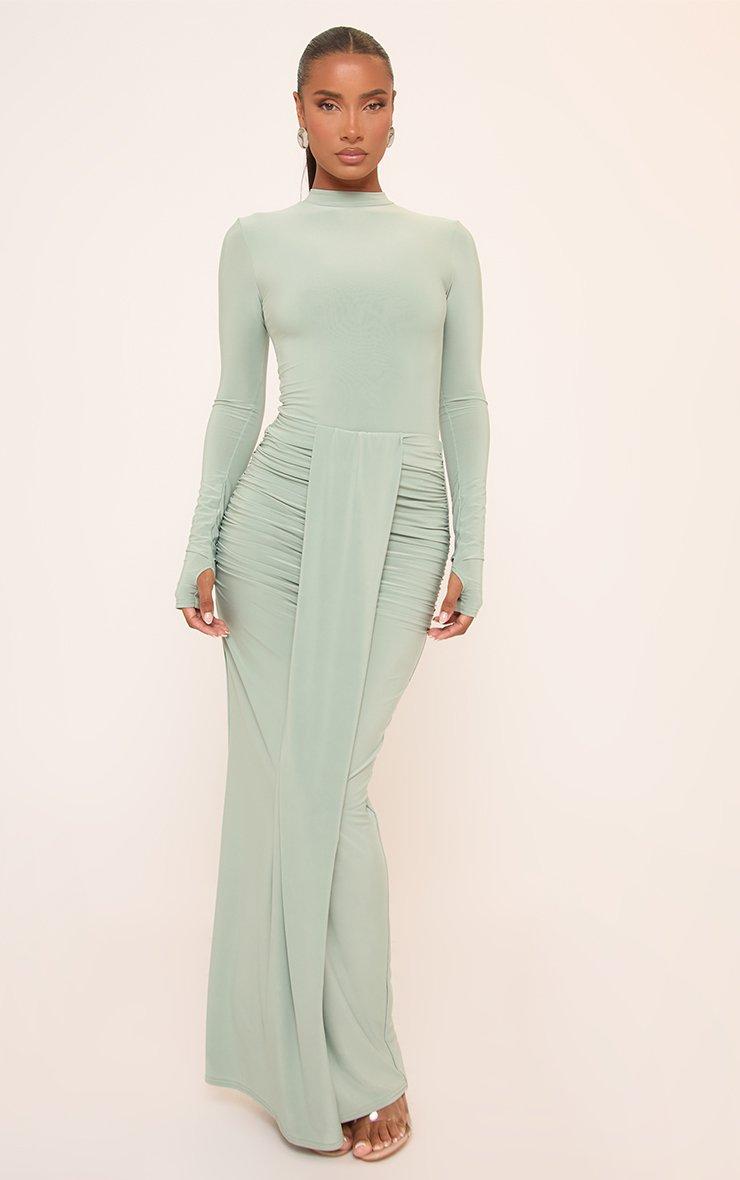 High Waist Drape Front Maxi Skirt In Pale Green Slinky | EGO US | EGO