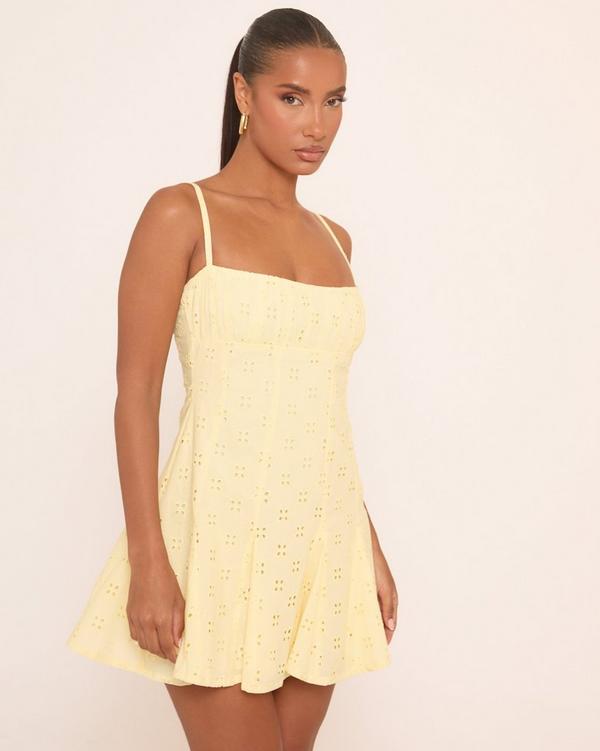 Square Neck Ruched Bust Detail Pleated Mini Dress In Yellow Broderie